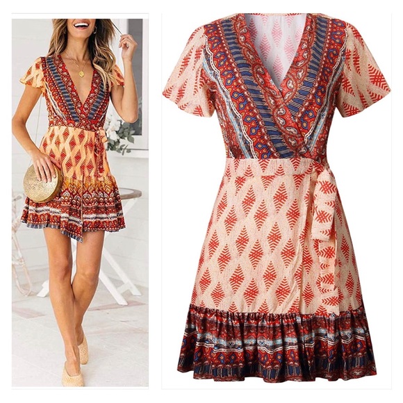 Zesica | Dresses | Nwt Wrap V Neck Bohemian Floral Print Ruffle Swing A ...